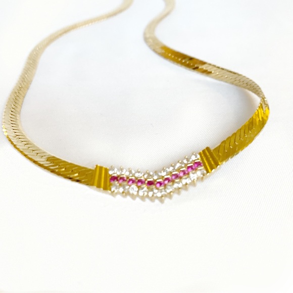 FANCY White and Red Crystal Stones 10K Yellow Gold Plated Snake Chain Necklace - Picture 4 of 5